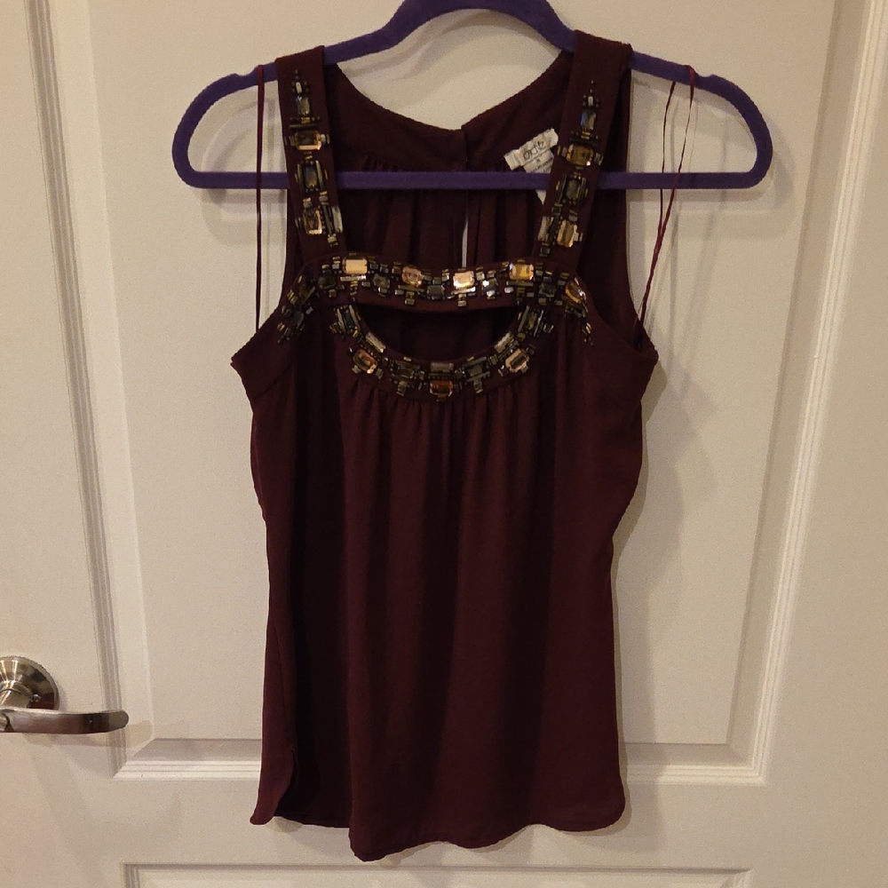 Cache Burgundy Embellished Blouse XS